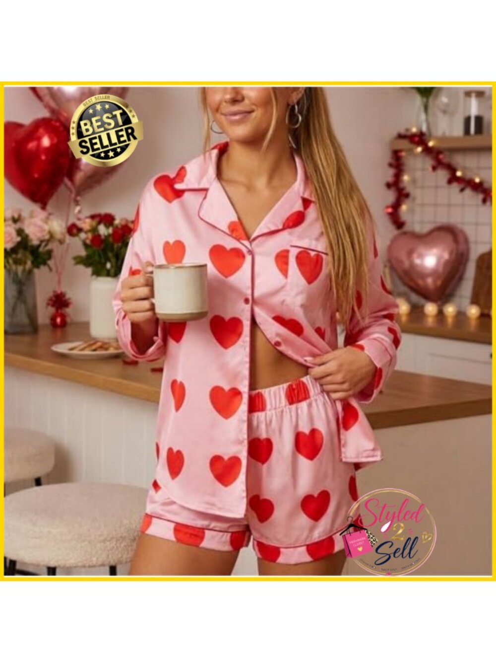Satin Silk Pajama Set Long Sleeve Button Down Shirt Lounge Shorts 2 Piece